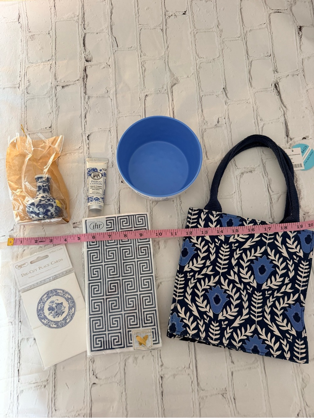 Filled new gift bag Blue Floral Tote Bag with gifts worth $70